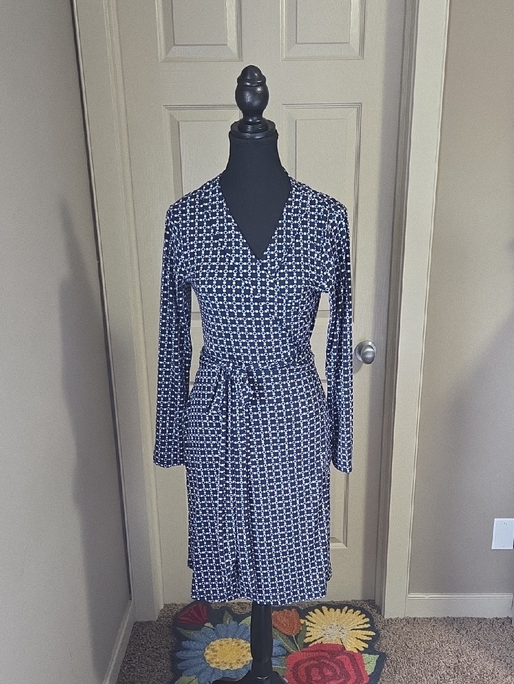Banana Republic Navy and White Long-Sleeve Wrap Dress